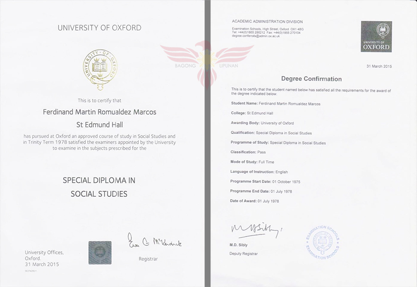 LEFT: Special Diploma of Bongbong Marcos; RIGHT: Confirmation